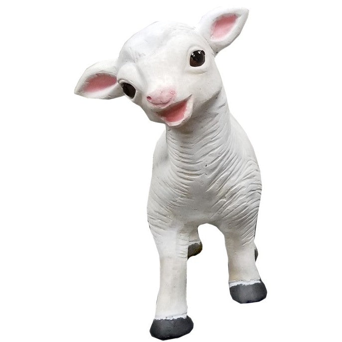 Adorable white cast aluminum lamb statue for garden or yard decor, featuring playful expression and detailed wool texture