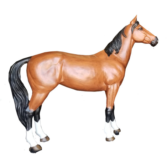 Cast aluminum horse statue with brown coat, black mane and tail, white socks for yard or home decor