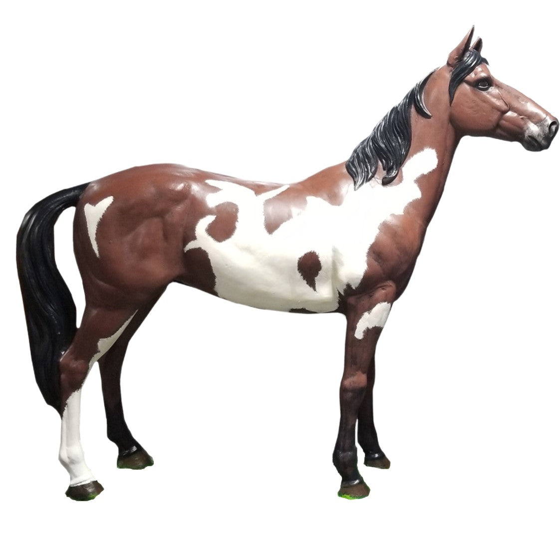 Cast aluminum pinto horse statue for yard or home decor, featuring brown and white coat with black mane and tail.