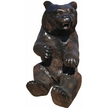 Cast aluminum bear statue for outdoor garden decor, playful sitting pose with detailed fur texture
