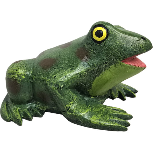 Green cast aluminum frog statue with yellow eyes, perfect for garden or yard decor