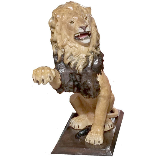 Cast aluminum lion statue with roaring expression, detailed mane, and raised paw for yard or home decor