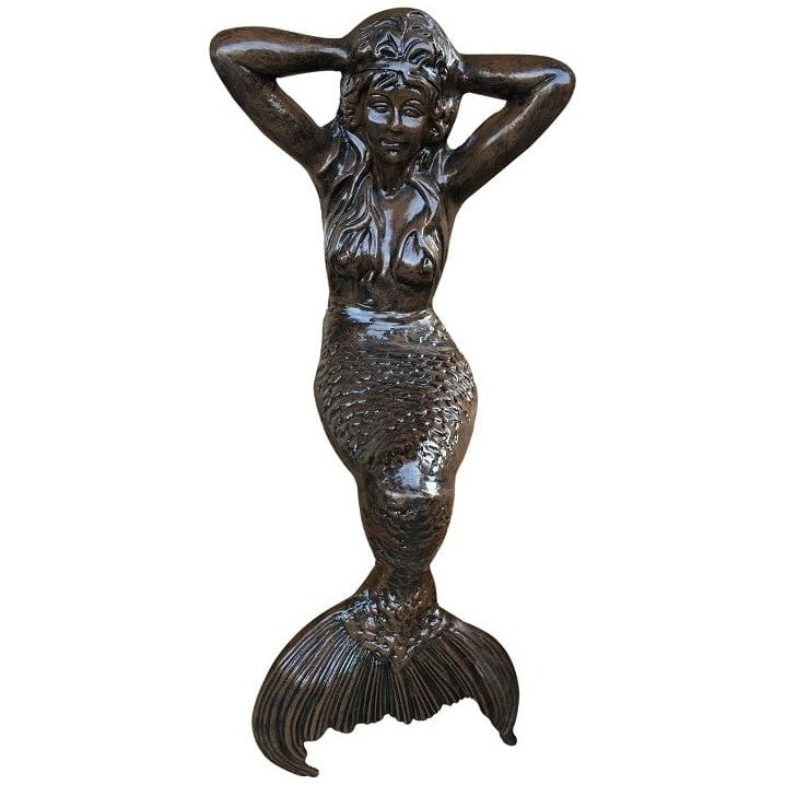 Cast aluminum mermaid statue with detailed scales and flowing hair, perfect for yard or garden decor