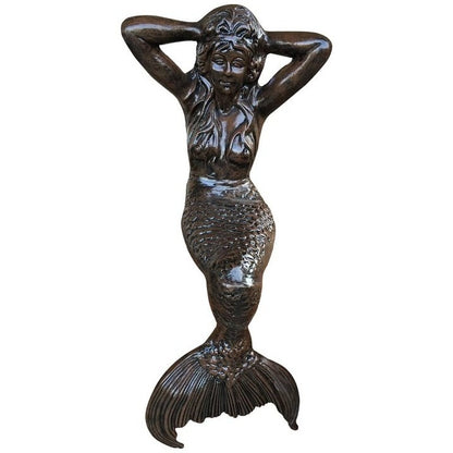 Cast aluminum mermaid statue with detailed scales and flowing hair, perfect for yard or garden decor