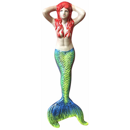 Cast aluminum mermaid statue with red hair and green-blue tail for garden or yard decor