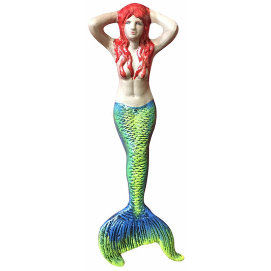 Cast aluminum mermaid statue with red hair and green-blue tail for garden or yard decor