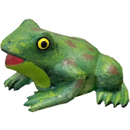 Green cast aluminum frog statue with yellow eyes, perfect for backyard or garden decor