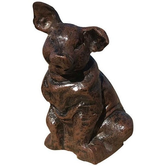 Cast aluminum pig statue for garden or yard decor, rustic bronze finish, charming backyard accent