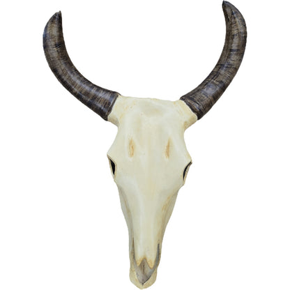 Cast aluminum bull skull wall decor with curved horns, rustic home or yard accent piece