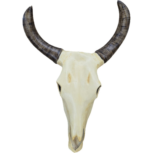 Cast aluminum bull skull wall decor with curved horns, rustic home or yard accent piece
