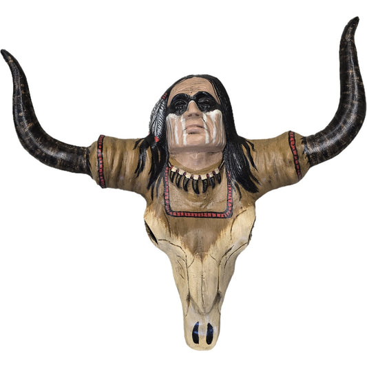Cast aluminum buffalo skull wall decor with Native American face paint and feather headdress