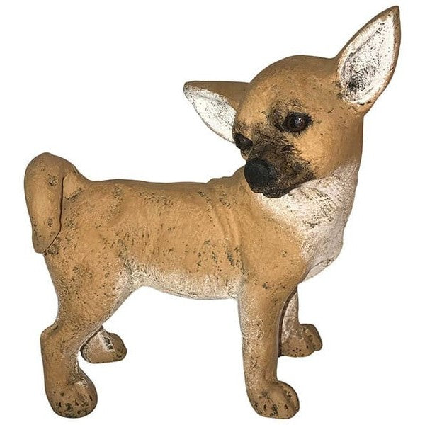 Cast aluminum Chihuahua statue for yard or home decor, weathered finish, detailed craftsmanship