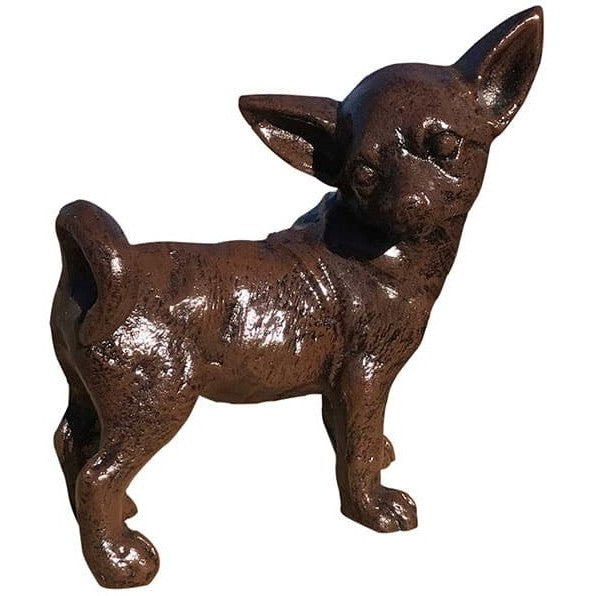 Cast aluminum Chihuahua statue for yard or home decor, rustic brown finish