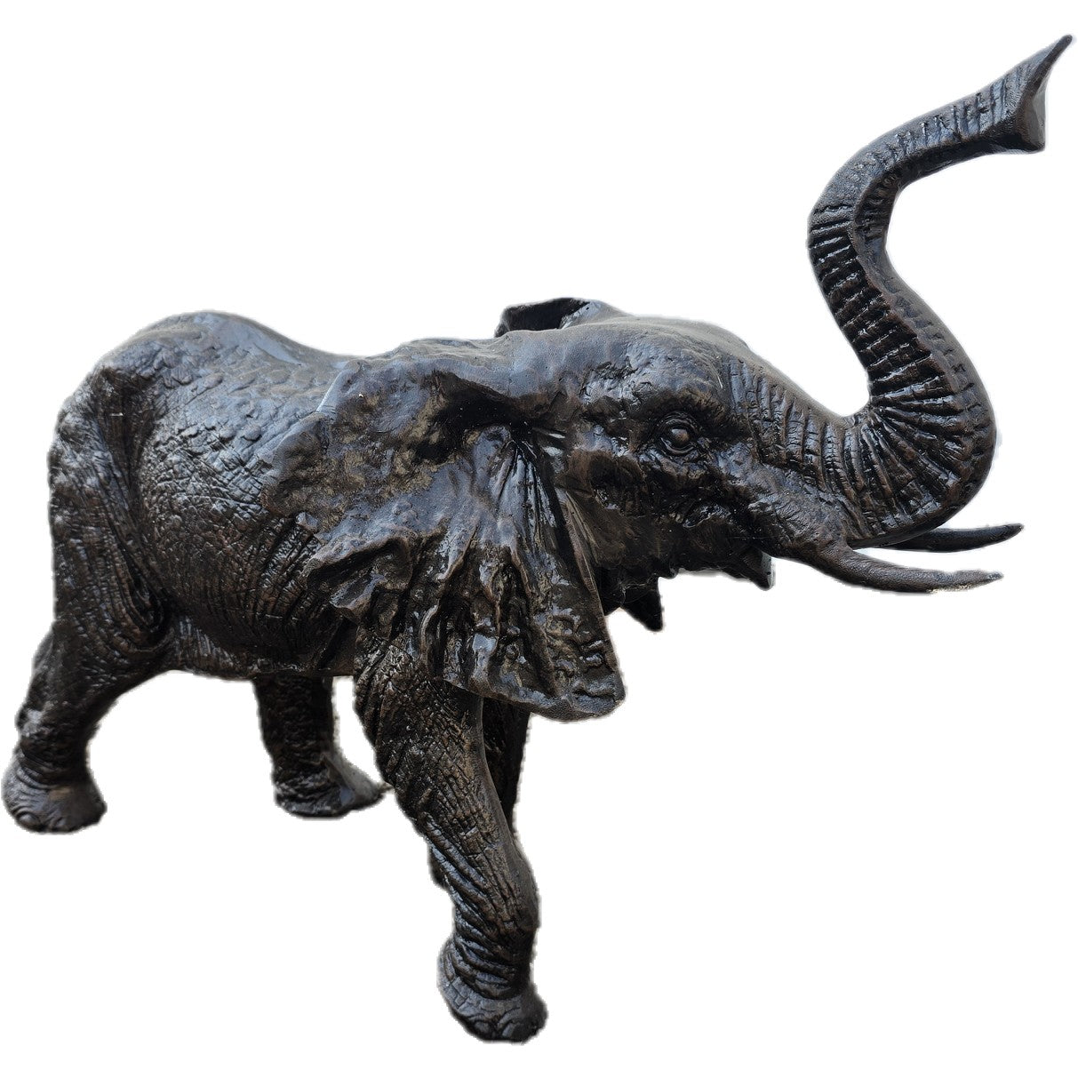 Cast aluminum elephant statue with raised trunk, perfect for yard or home decor