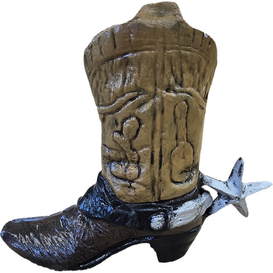 Cast aluminum cowboy boot statue with star spur, rustic yard decor