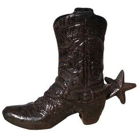 Cast aluminum cowboy boot statue with star spur, rustic yard decor