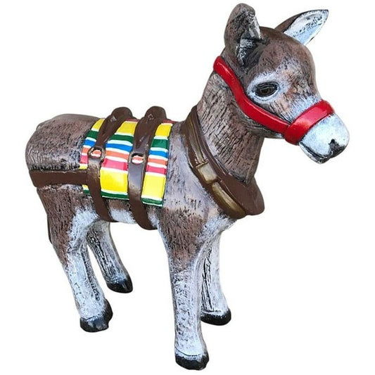 Cast aluminum donkey statue with colorful saddle and red bridle for yard or home decor