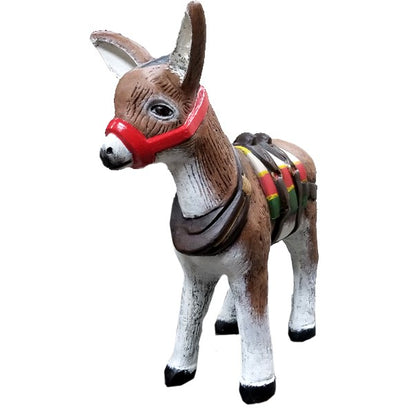 Cast aluminum donkey statue with red halter and colorful saddle, perfect for yard or home decor
