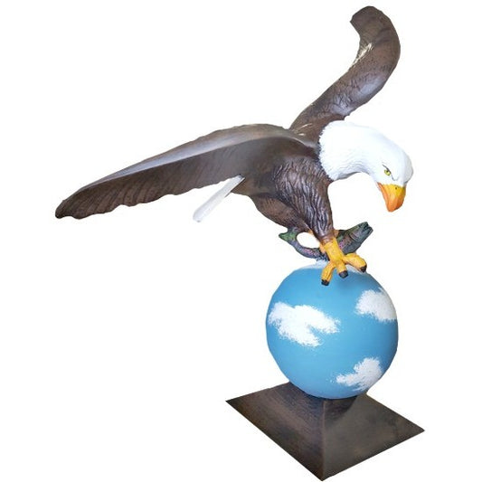 Cast aluminum eagle statue perched on globe, backyard decor with wings spread, detailed craftsmanship