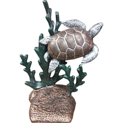 Cast aluminum sea turtle statue with coral, perfect for yard or home decor