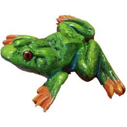 Green cast aluminum frog statue with red eyes, perfect for backyard or garden decor