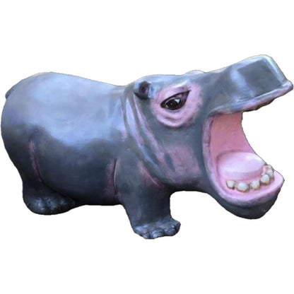 Cast aluminum hippo statue with open mouth, perfect for backyard or garden decor