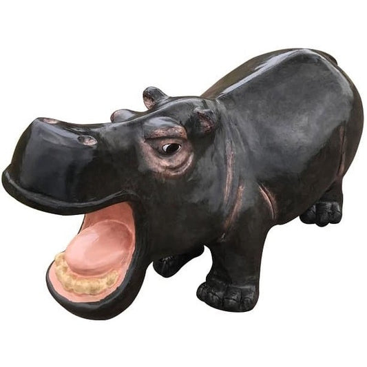 Cast aluminum hippo statue with open mouth, perfect for backyard or garden decor
