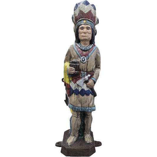 Cast aluminum Native American chief statue with feather headdress, holding axe and cup, for yard decor