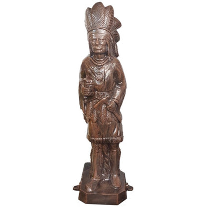 Cast aluminum Native American chief statue for yard or home decor, detailed feather headdress and attire
