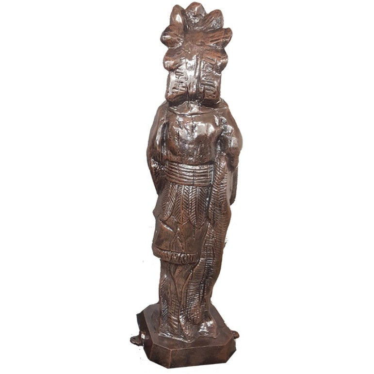 Cast aluminum statue of a figure with ornate headdress and detailed robe, ideal for garden or patio decor.