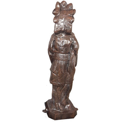 Cast aluminum statue of a figure with ornate headdress and detailed robe, ideal for garden or patio decor.