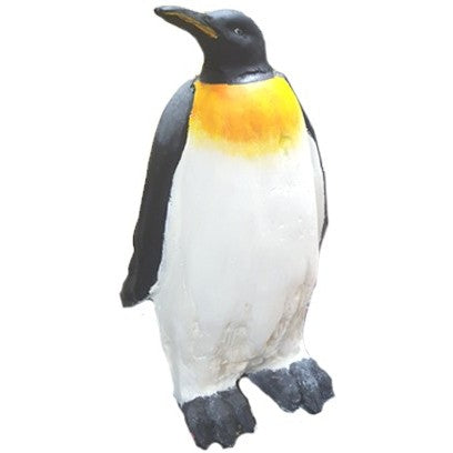 Cast aluminum penguin statue for yard or home decor, featuring black, white, and orange details