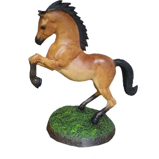 Cast aluminum horse statue with black mane and tail, rearing on grassy base for yard decor