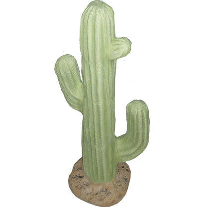 Cast aluminum saguaro cactus statue for yard or home decor, realistic green finish with rock base