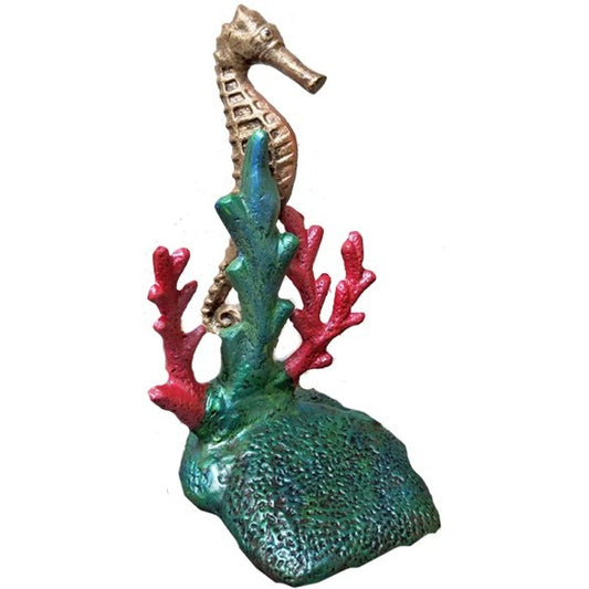 Cast aluminum seahorse statue with coral base, perfect for garden or yard decor