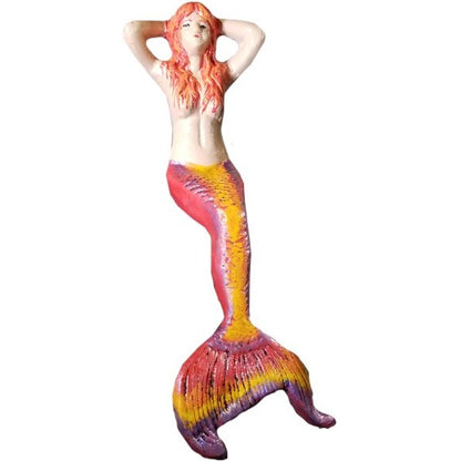 Colorful cast aluminum mermaid statue with vibrant tail, perfect for yard or garden decor