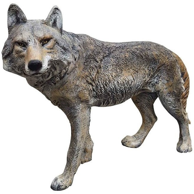 Cast aluminum wolf statue for yard or home decor, detailed fur texture, lifelike pose