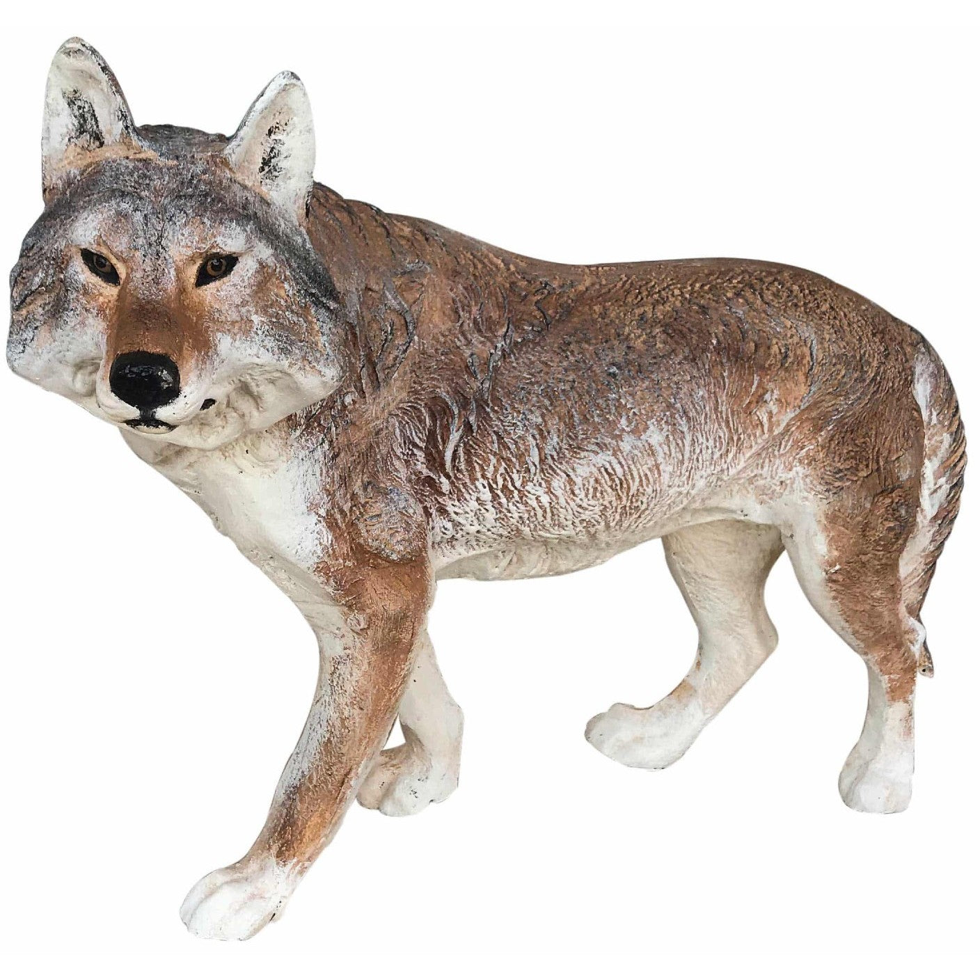 Realistic cast aluminum wolf statue for yard or home decor, detailed fur texture and lifelike pose