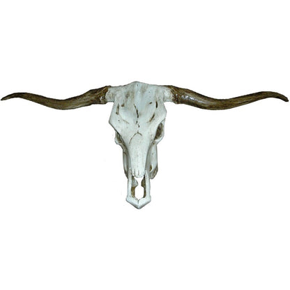 Cast aluminum longhorn skull wall decor with weathered white finish and rustic horns