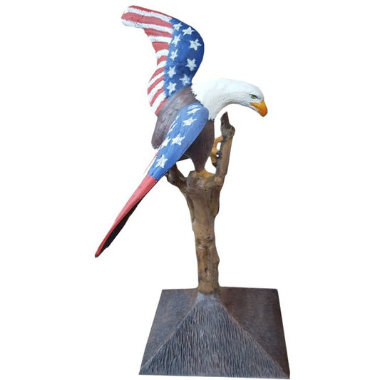 American flag eagle statue perched on branch, cast aluminum yard decor with patriotic colors