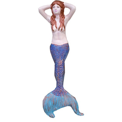 Cast aluminum mermaid statue with blue tail, perfect for yard or garden decor