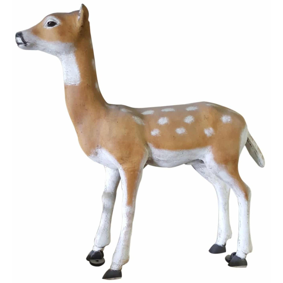Cast aluminum fawn statue with white spots, ideal for yard or garden decor