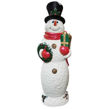 Cast aluminum snowman statue with top hat, scarf, wreath, and gift for holiday yard decor
