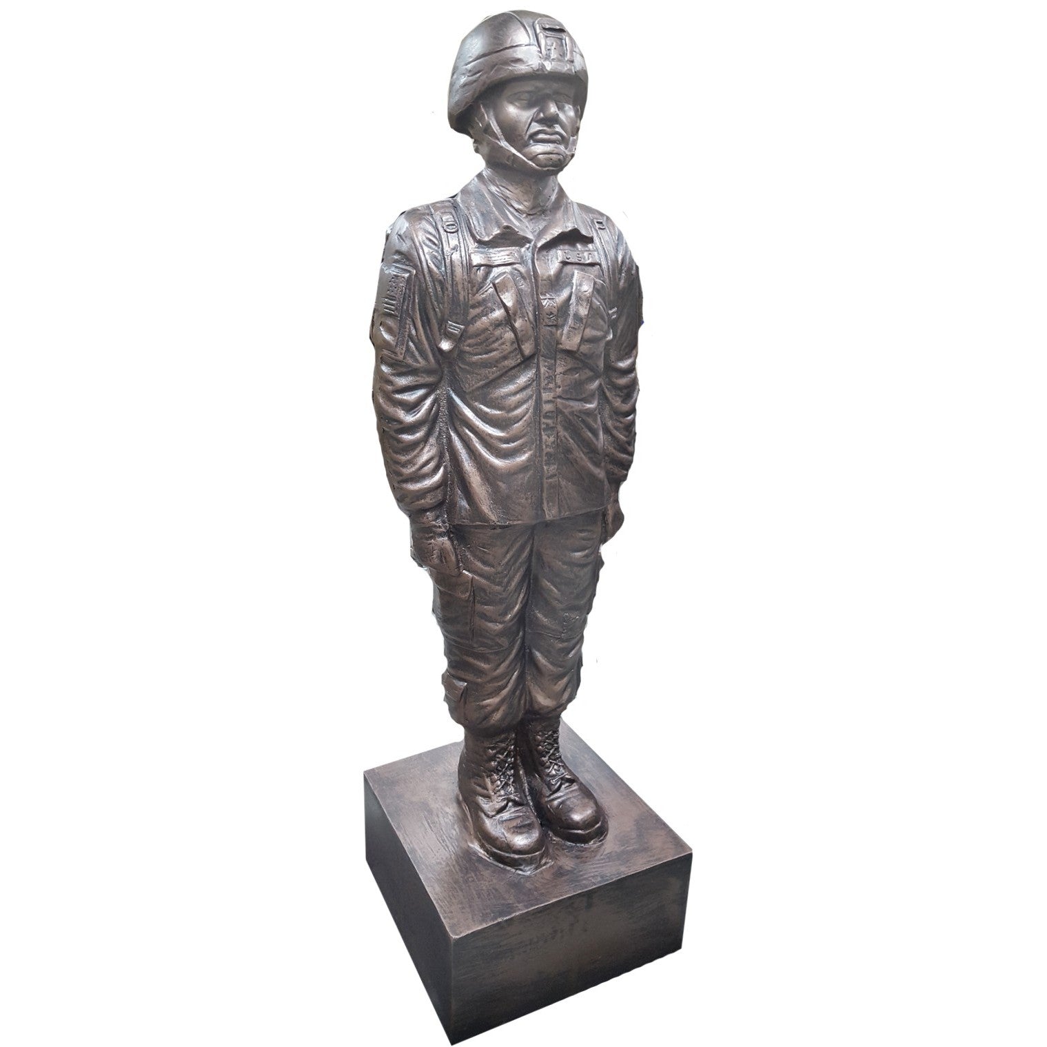 Cast aluminum soldier statue in military uniform, ideal for yard or home decor with detailed craftsmanship