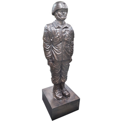 Cast aluminum soldier statue in military uniform, ideal for yard or home decor with detailed craftsmanship