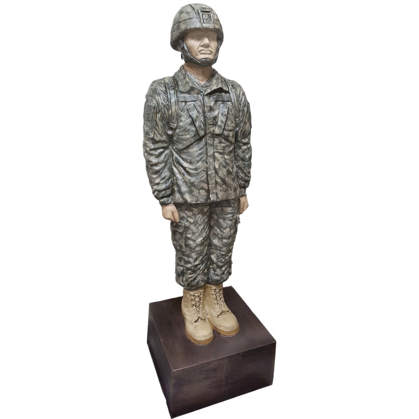 Cast aluminum soldier statue in camouflage uniform, ideal for yard or home decor