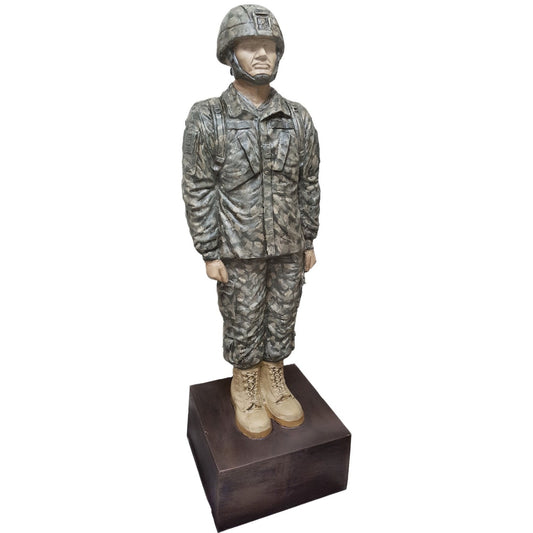 Cast aluminum soldier statue in camouflage uniform, ideal for yard or home decor
