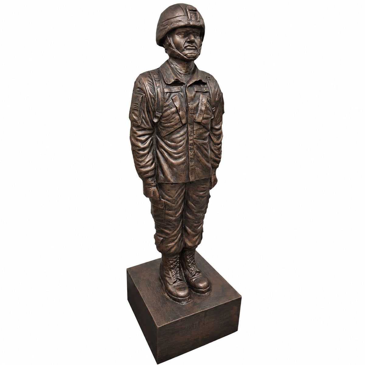 Cast aluminum soldier statue in bronze finishes in uniform, ideal for Veteran's organizations, memorials, yard or home decor.