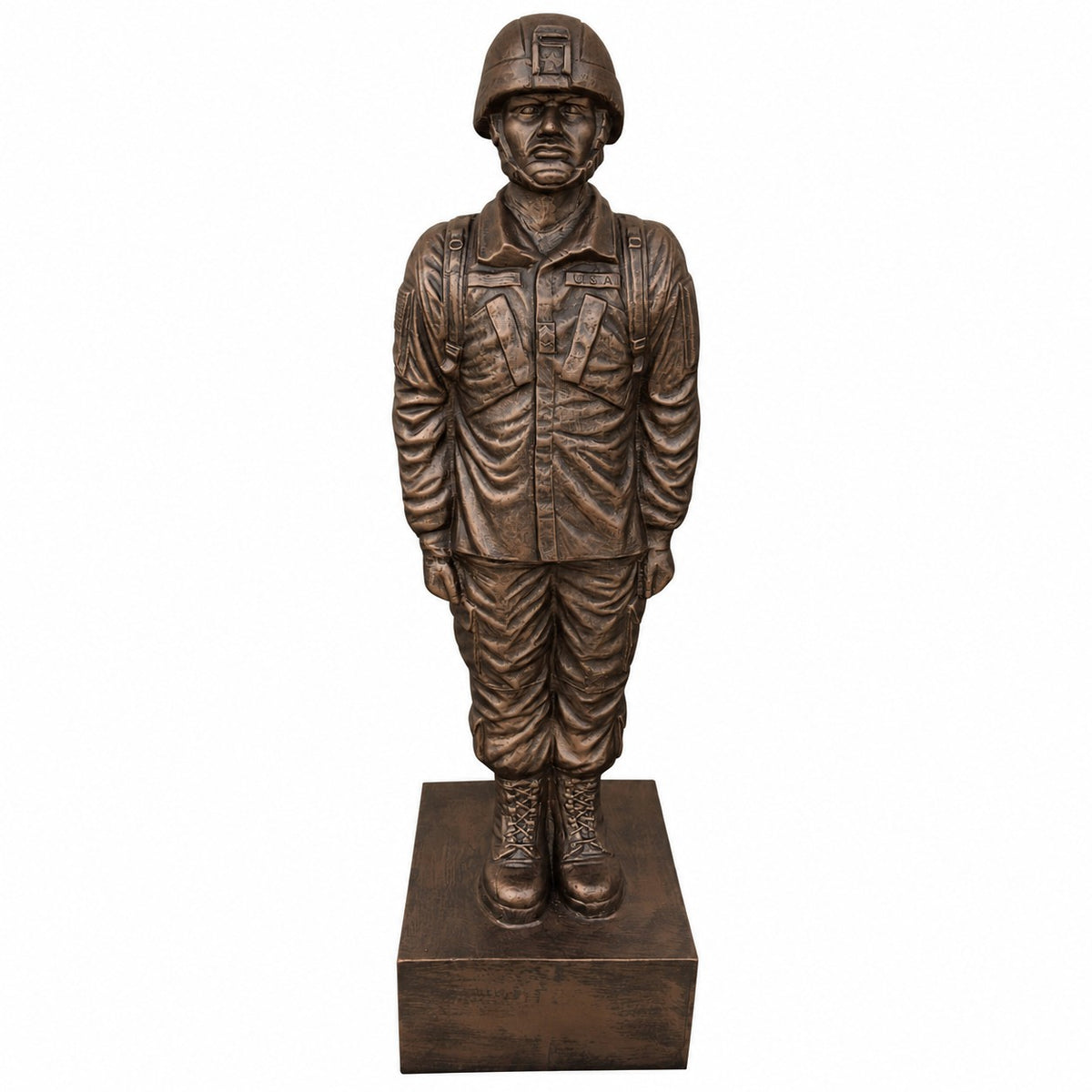 Cast aluminum soldier statue in bronze finishes in uniform, ideal for Veteran's organizations, memorials, yard or home decor.