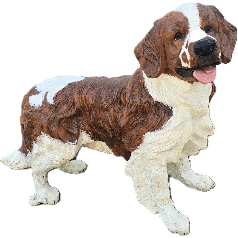 Cast aluminum dog statue with brown and white fur, perfect for yard or home decor